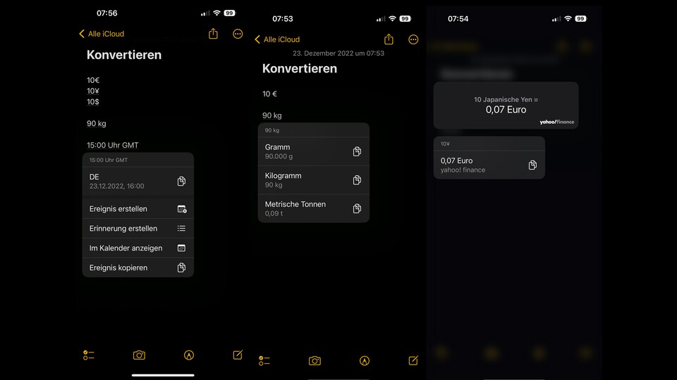 Das Umrechnen von Einheiten funktioniert nicht nur in der Notiz-App, sondern auch anhand von Bildern.