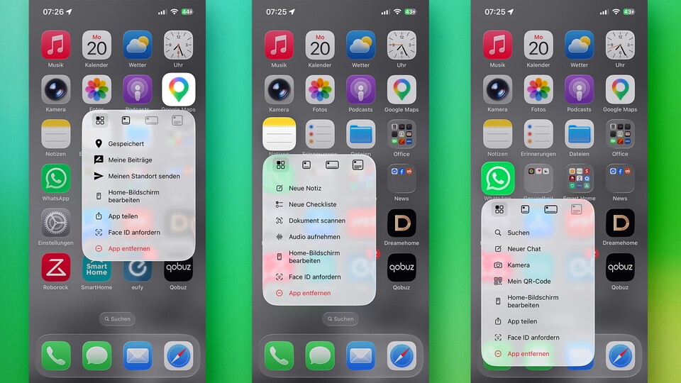 Neue Notiz, Neuer Chat, Standort senden – über das Kontextmenü lassen sich einige Dinge zügig erledigen. (Bildquelle: GameStar Tech)
