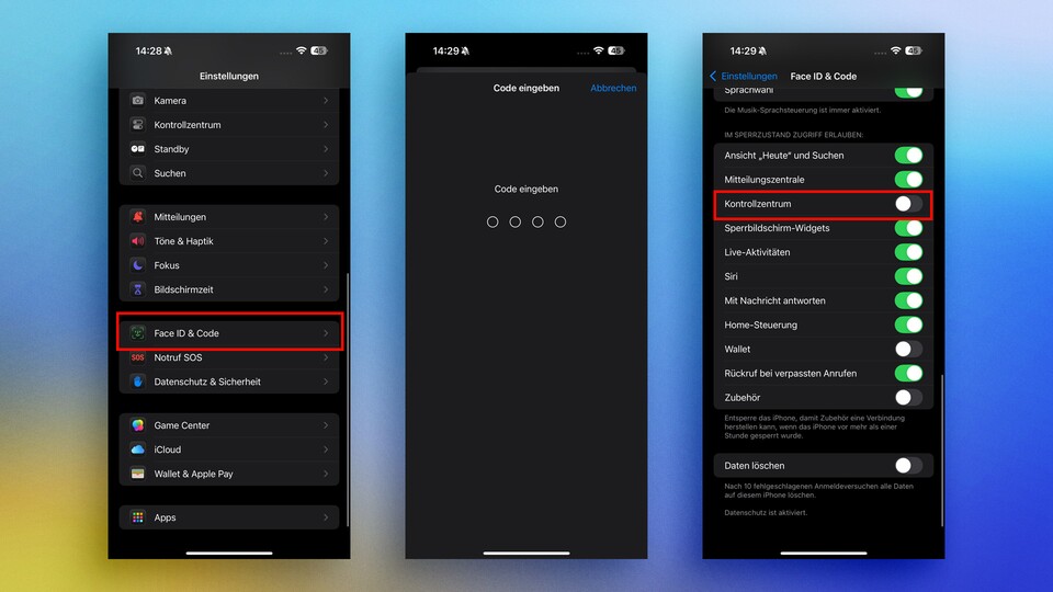 iPhone: Drei Schritte zum Deaktivieren des Kontrollzentrums für den Sperrbildschirm.