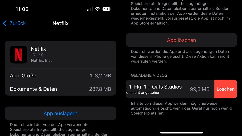 Offline-Inhalte könnt ihr in den Einstellungen direkt einsehen und je nach App sofort löschen.