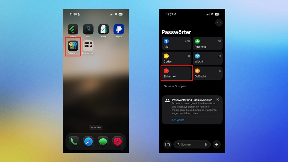 In der App seht ihr eine große Übersicht der gespeicherten Kennwörter. Unter dem Menüpunkt „Sicherheit” seht ihr die Passwörter, die ein Sicherheitsrisiko darstellen.