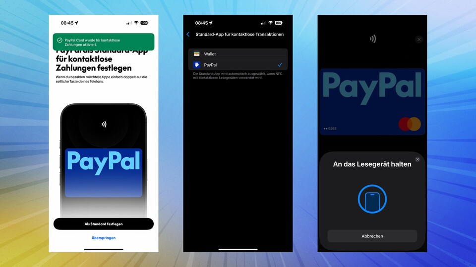 Wenn ihr in den Einstellungen die PayPal-App als Standard-Wallet-App ausgewählt habt, könnt ihr die Zahlungsweise durch zweimaliges Tippen auf die Seitentaste aufrufen.