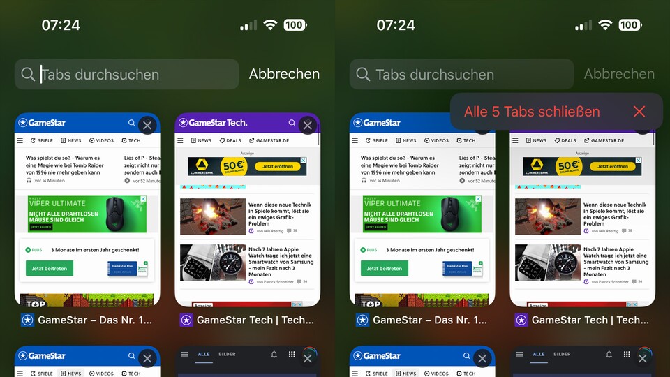 Tabs können sich auch auf mobilen Endgeräten anhäufen. Ihr könnt alle auf einen Schlag schließen.