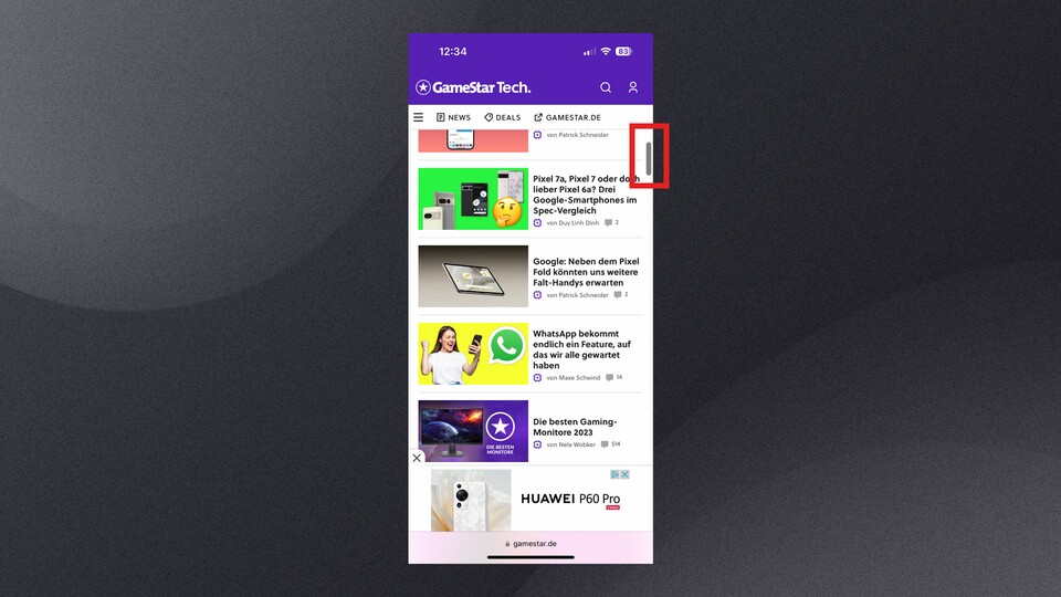 Haltet euren Finger auf den rechten Scrollbalken gedrückt. Anschließend könnt ihr schneller scrollen.