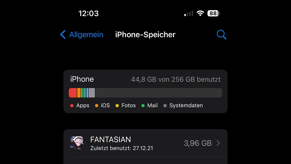 Das iPhone zeigt euch einen detaillierten Speicherverbauch an.