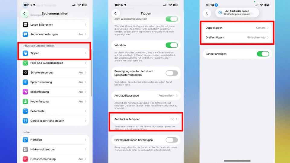 Mit einem doppelten oder dreifachen Tippen auf die iPhone-Rückseite könnt ihr Aktionen ausführen. Funktioniert auch mit Schutzhülle. (Bildquelle: GameStar Tech)
