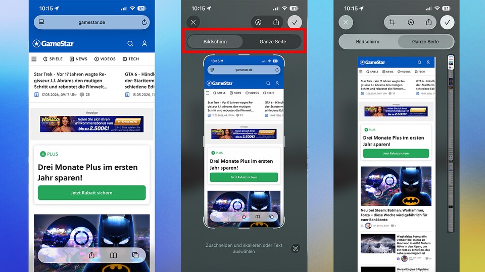 Eine ganze Webseite abfotografieren? Das geht über die integrierte Screenshot-Funktion von iOS. (Bildquelle: GameStar Tech)