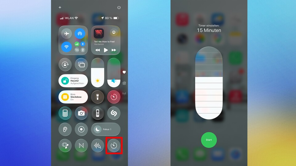 Wer den Timer-Shortcuts ins Kontrollzentrum legt, kann darüber schnell Countdowns starten. (Bildquelle: GameStar Tech)