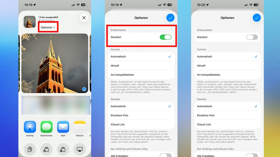 Fotos ohne Standort senden? Das klappt über die Teilen-Funktion auf dem iPhone. (Bildquelle: GameStar Tech)