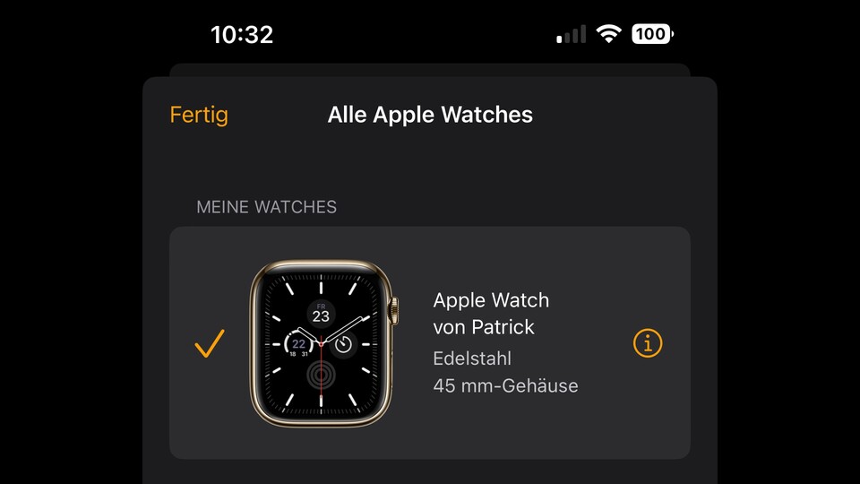 Auf dem gelben i-Symbol könnt ihr die Apple-Watch entkoppeln.