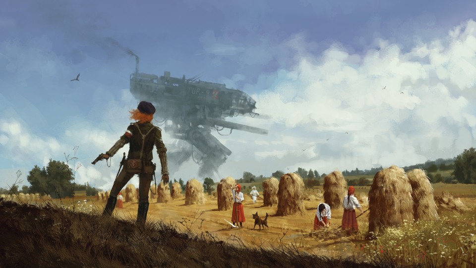 Die rothaarige Dame im Vordergrund ist Anna, eine der Heldinnen aus Iron Harvest, im Hintergrund stapft ein riesiger Mech.