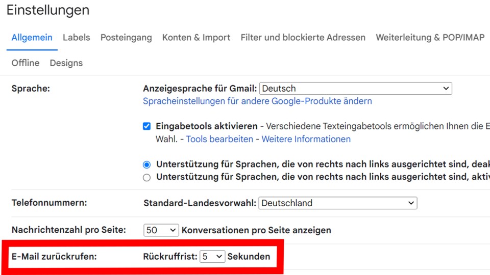 Bei »E-Mail zurückrufen« dürft ihr einstellen, wie viel Zeit nach Versenden einer Mail höchstens vergehen darf, wenn ihr das digitale Briefchen wieder zurückpfeifen wollt.