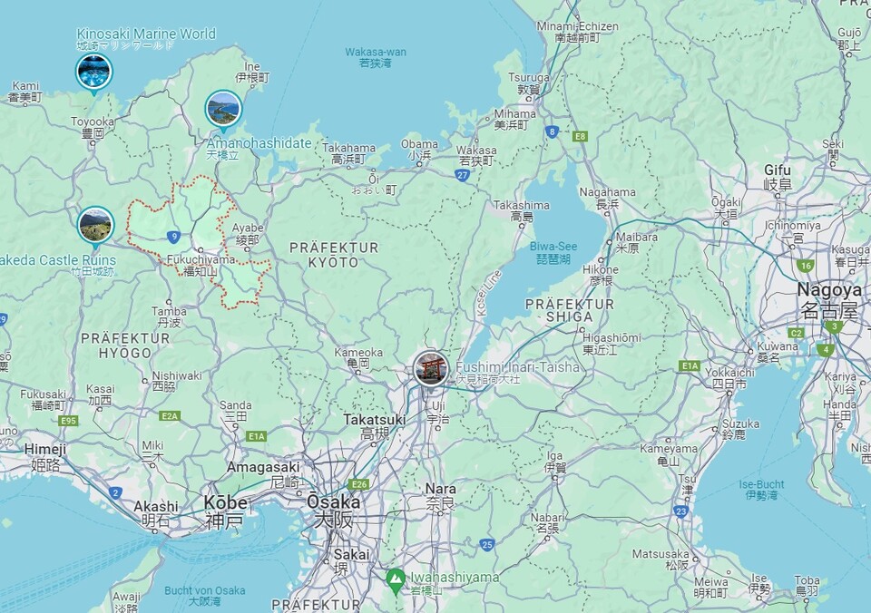 Wir haben mal anhand der bestätigten Orte grob den Rahmen der Spielwelt in Google Maps nachgezeichnet.