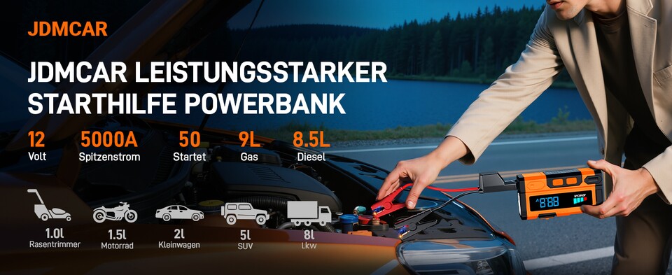 Mit der Starthilfe-Powerbank von JDMCAR spendet ihr sogar SUVs genug Strom um wieder starten zu können.