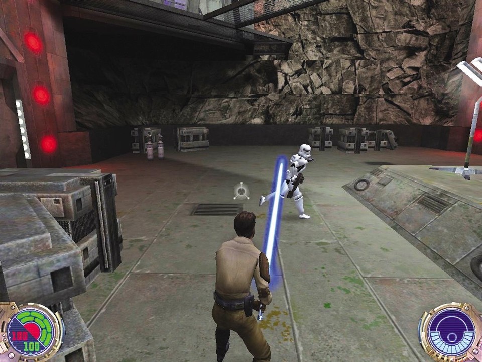 »Mutti, Mutti, der Jedi will mich hauen!« - die Gegner reagieren auf Kyles Waffen. Angesichts des Laserschwerts geht der Sturmtruppen-Soldat auf Distanz.