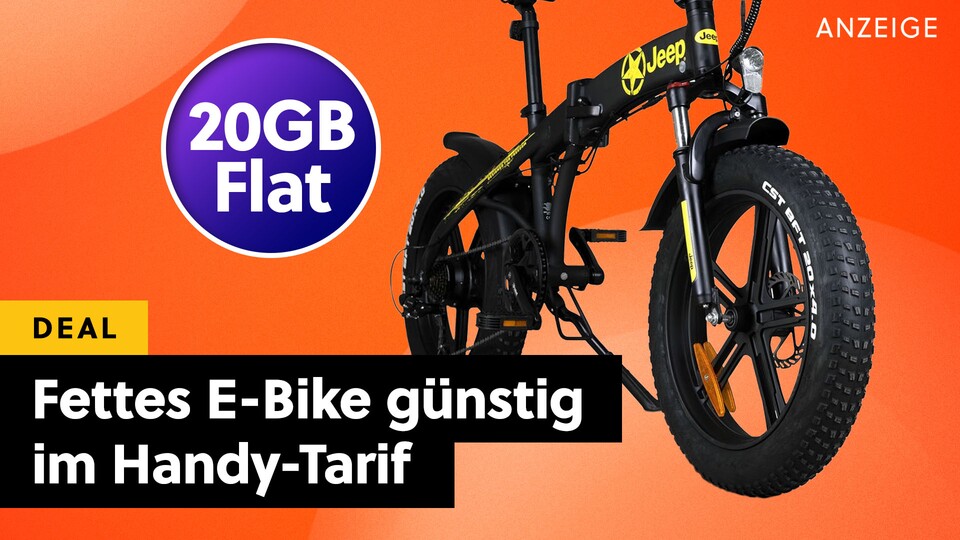 Das faltbare Fatbike mit Elektromotor gibts günstig zum Mobilfunk-Tarif dazu. Zieht ihr Fahrrad und Helm vom Gesamtpreis ab, kosten die 20GB Allnet-Flat nur 5€ pro Monat.