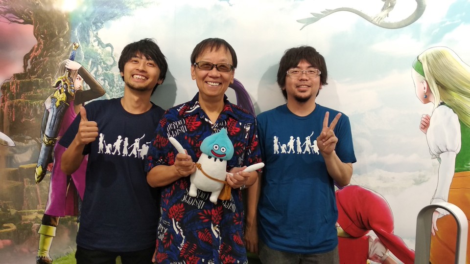 Das Dragon-Quest-11-Team stand uns für ein Interview zur Verfügung: Yuji Horii (Autor, Mitte), Takeshi Uchikawa (Director, links) und Hokuto Okamoto (Producer, rechts).
