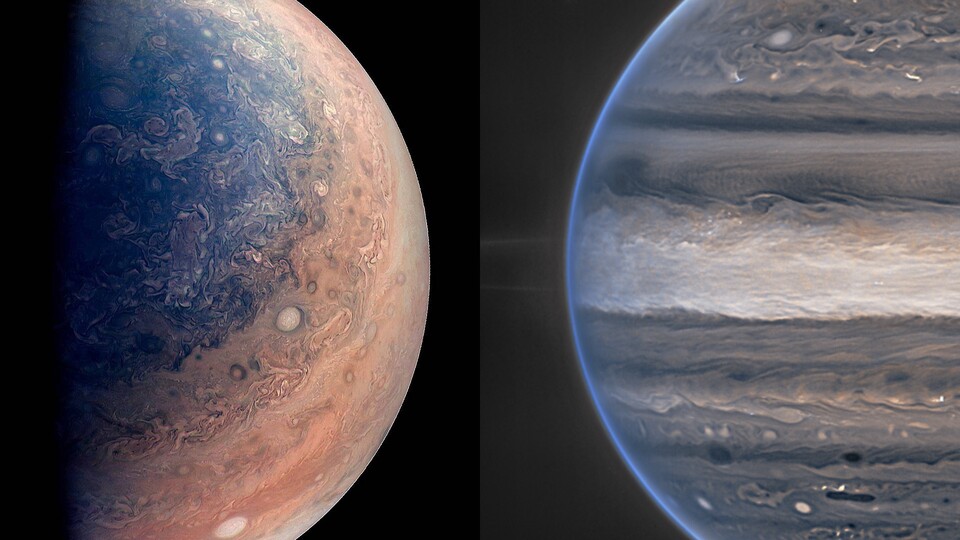 Links: Aufnahme vom Jupiter über die JunoCam, das Teleskop der NASA-Raumsonde Juno. Rechts: Aufnahme vom Jupiter über das JWST. (Fotos: NASA)