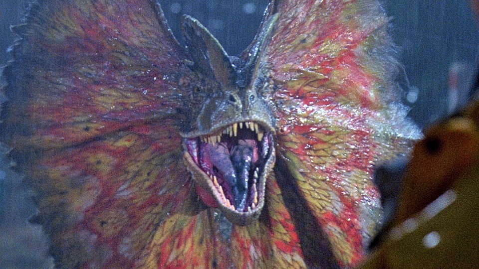 The Dilophosaurus was Nedry's end in the film - and probably didn't look anything like that.  (Image: Universal)