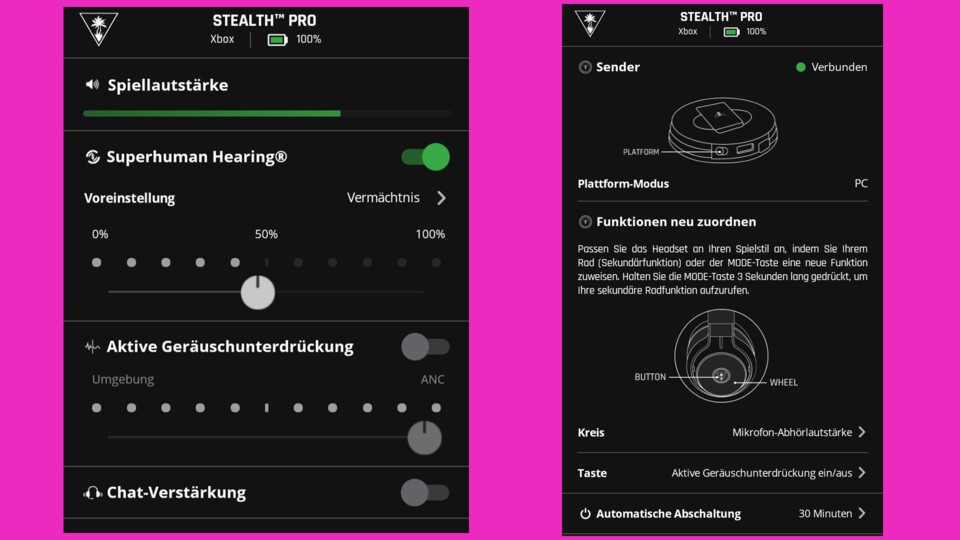 Zwei Beispielansichten aus der Hersteller-eigenen App, über die sich das Hörerlebnis feinjustieren lässt.