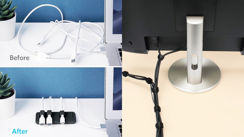 Der magnetische Kabelhalter von Anker (l) ist eine elegante Lösung für Ladekabel. Aber klassische Kabelbinder (r) sind immer gut und werden das auch bleiben.