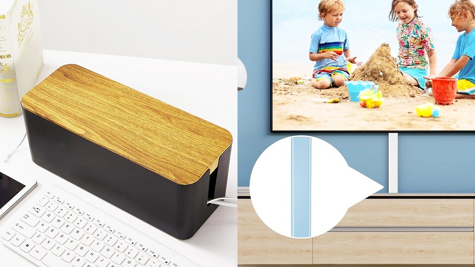 Eine Kabelbox (l) klingt wie eine Ausrede, ist aber dank der zusätzlichen Ablagefläche sogar verdammt nützlich. Ein flacher Kabelkanal (r) hingegen ist vor allem eine gute Lösung bei Wand-montierten Fernsehern.