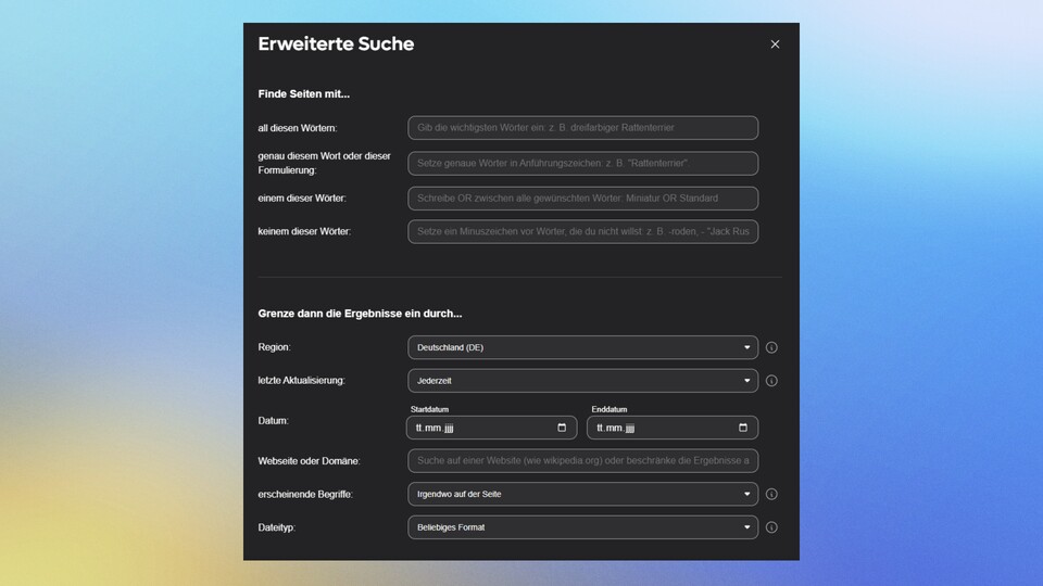 Die erweiterte Suche: Wer die alten Google-Suchoperatoren vermisst, die dort entweder im Untermenü begraben oder ganz gestrichen wurden, wird sich hier sofort zu Hause fühlen.