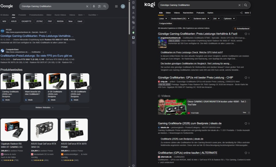 Links seht ihr Google und rechts Kagi. Der Unterschied ist enorm. Während Google mich regelrecht mit Shopping-Links zukleistert, zeigt mir Kagi vernünftige Ergebnisse. (Bildquelle: GameStar Tech – Jan Stahnke)