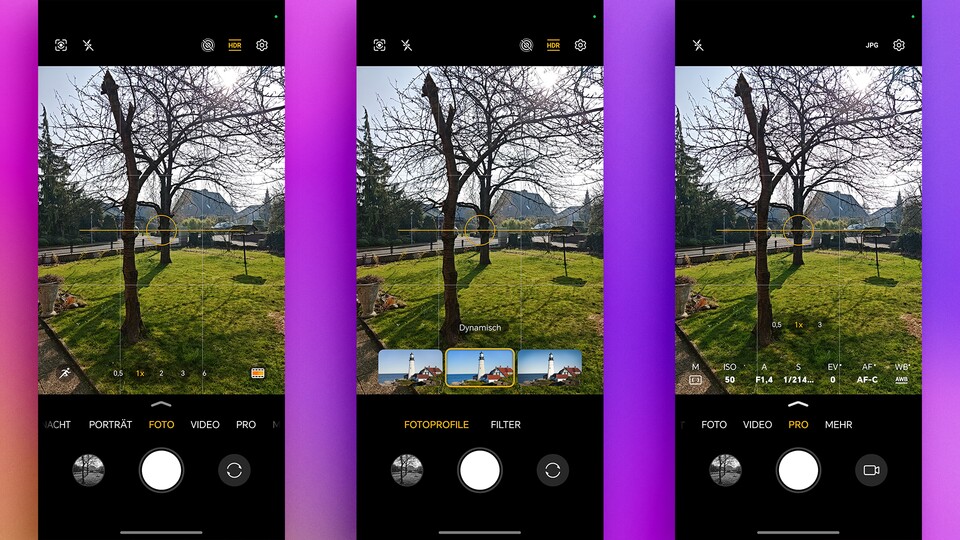 Die Kamera-App bietet verschiedene Modi und diverse Einstellmöglichkeiten. (Bild: GameStar Tech)