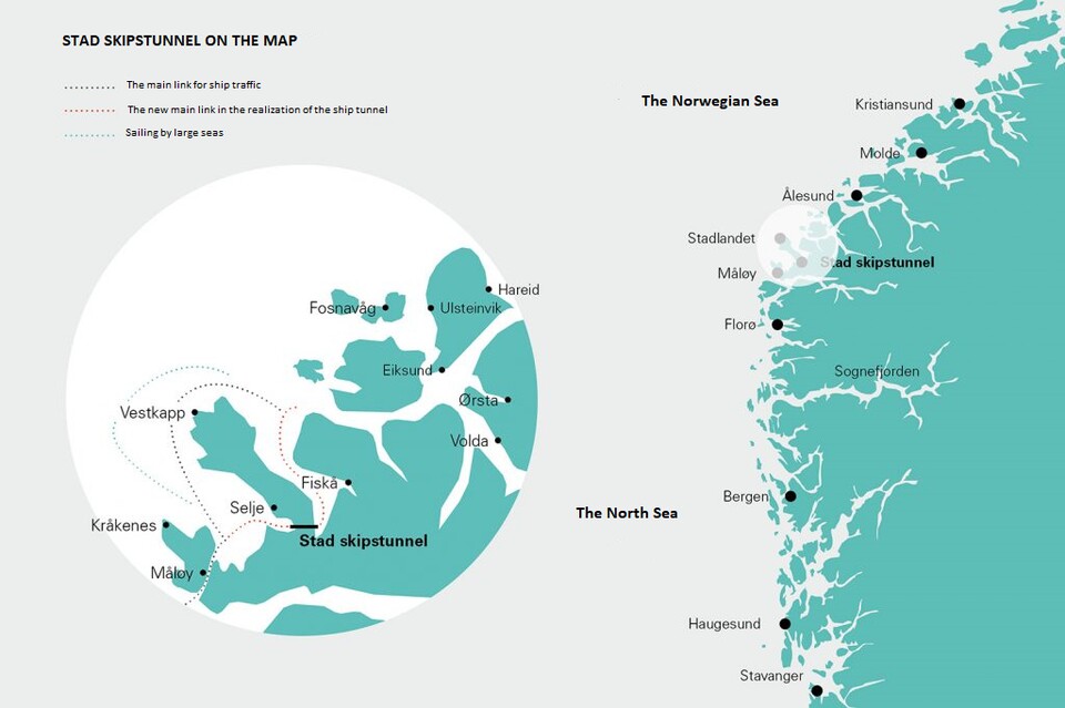 Eine Karte des nordwestlichen Norwegens. Der Stad-Schiffstunnel hätte den dünnen Hals einer Halbinsel durchstoßen.
(Bildquelle: Kystverket)