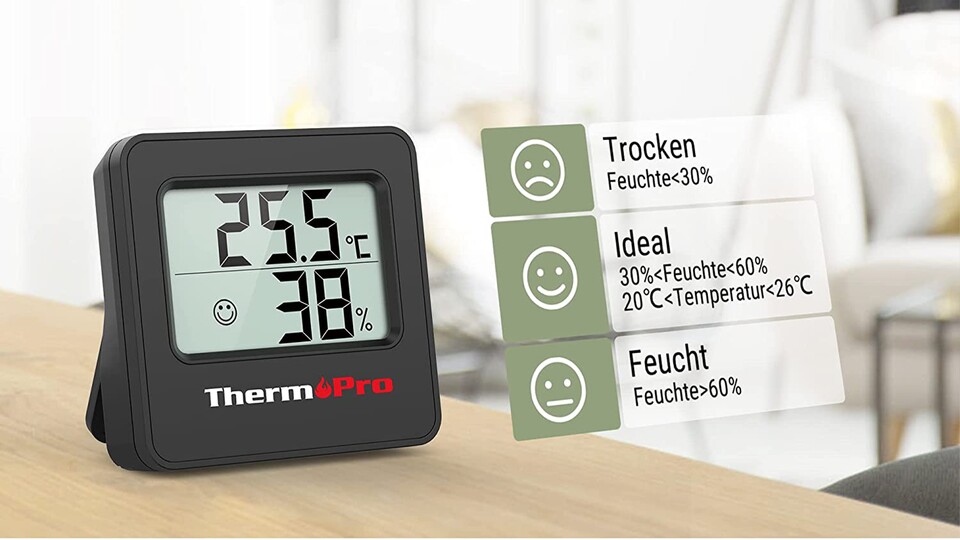 Mit einem Hygrometer seht ihr mit Nachkommastelle die genaue Temperatur in eurem Zuhause, so bekommt ihr ein Bewusstsein für das Heizen.