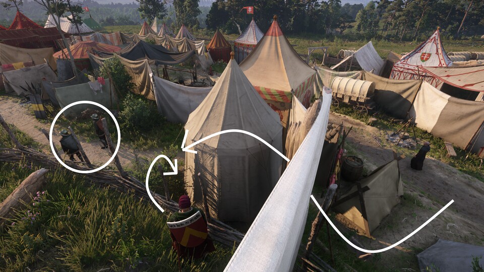 Die Wachen umgehen wir durch einen Sprung von der Terrasse oder über den Weg hinter dem Zelt. 