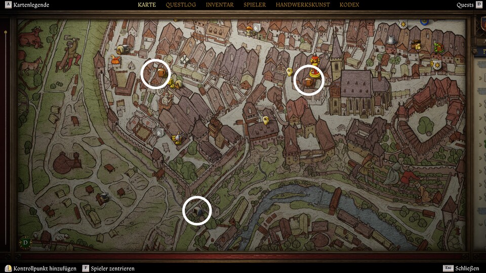 Vlach gibt uns die Aufgabe in der Schenke »Das schwarze Pferd« (oben links) und schickt uns dafür in den Untergrund (unten). Alternativ nutzen wir die Kellertreppe der Allerheiligen-Schenke (oben rechts). 