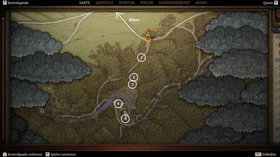 An der Kreuzung finden wir einen blutigen Sack, der uns nach Süden zu den Spuren eines Karrens (1) führt. Den Spuren folgend treffen wir auf den Karren (2) und die Leiche von Hensel (3). Die Verantwortlichen sitzen in der Mühle, die die Müllerfamilie als Geiseln halten (4) und den heiligen Antonius in der Truhe im Haus südlich (5) verstecken.