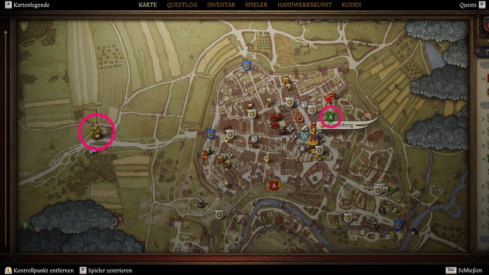 Kvetoslav treffen wir im Gasthaus zur Eiche westlich Kuttenbergs (linker Kreis), von wo aus er uns zu seinem Büro in Kuttenberg schickt (rechter Kreis). 