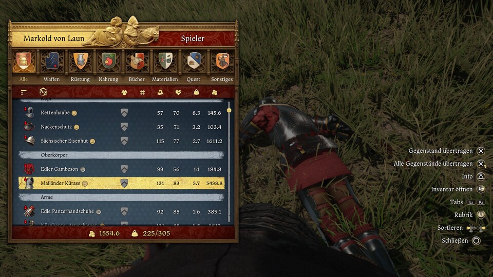 Nach der finalen Schlacht gegen Markold plündern wir seinen hervorragenden Mailänder Kürass. Dazu gibt’s noch bis zu 225 Groschen von Myslibor als Dank.