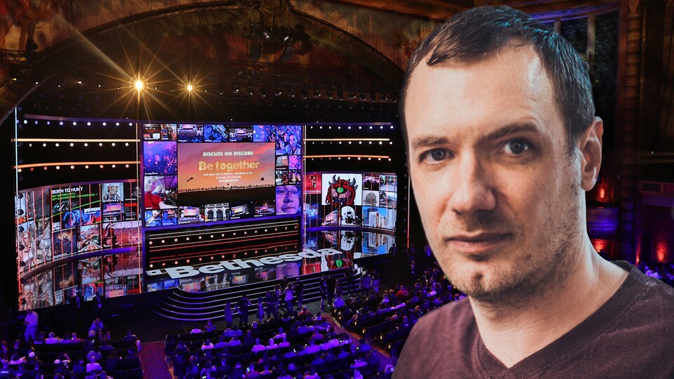 Christian Schiffer möchte an der Kaffeemaschine über die E3 sprechen, aber keine hört zu. (Bild von Christian: Michael Förtsch; Hintergrund: Entertainment Software Association)