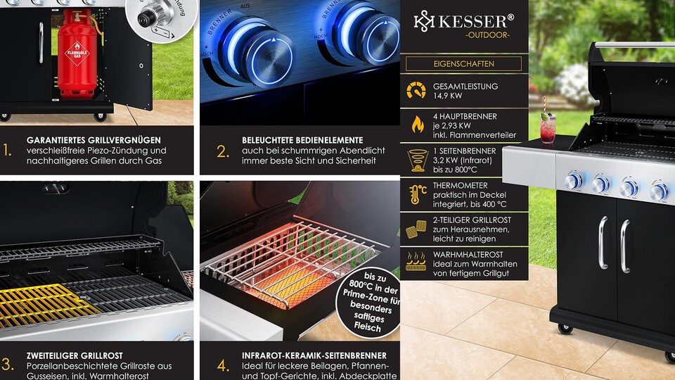 LED-Drehregler, Gas, Infrarot Keramikbrenner und viel Leistung - so wünscht man sich den perfekten Gasgrill.