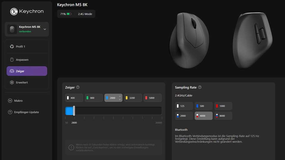 Bei Keychron stelle ich die Maus über einen Weblauncher ein. Dadurch muss ich keine Software installieren, brauche aber Internetzugang.