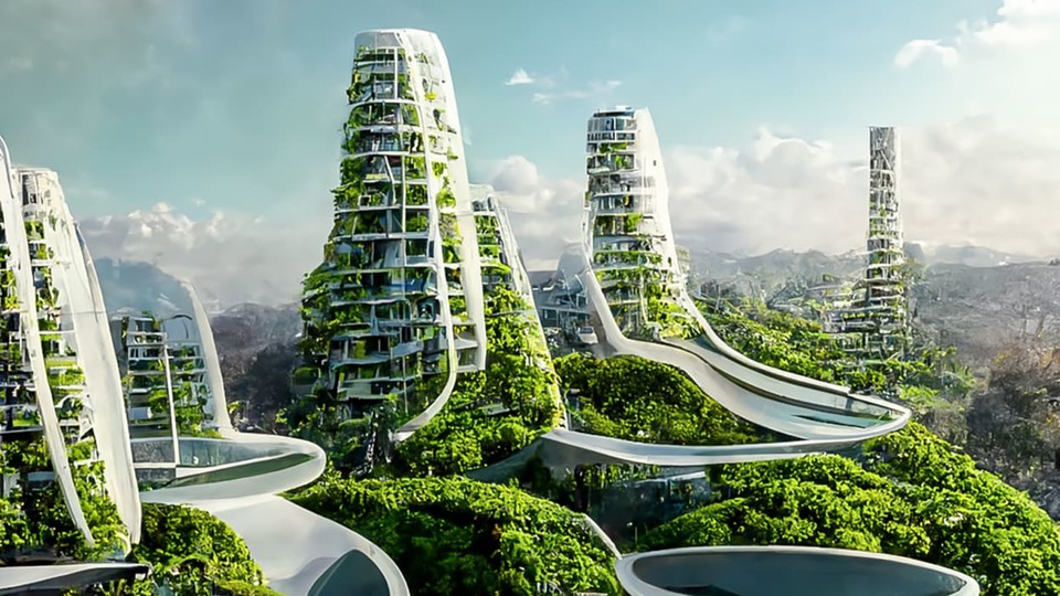 Utopische Wolkenkratzer aus dem Projekt »AI x Future Cities«. (Bildquelle: Manas Bhatia)