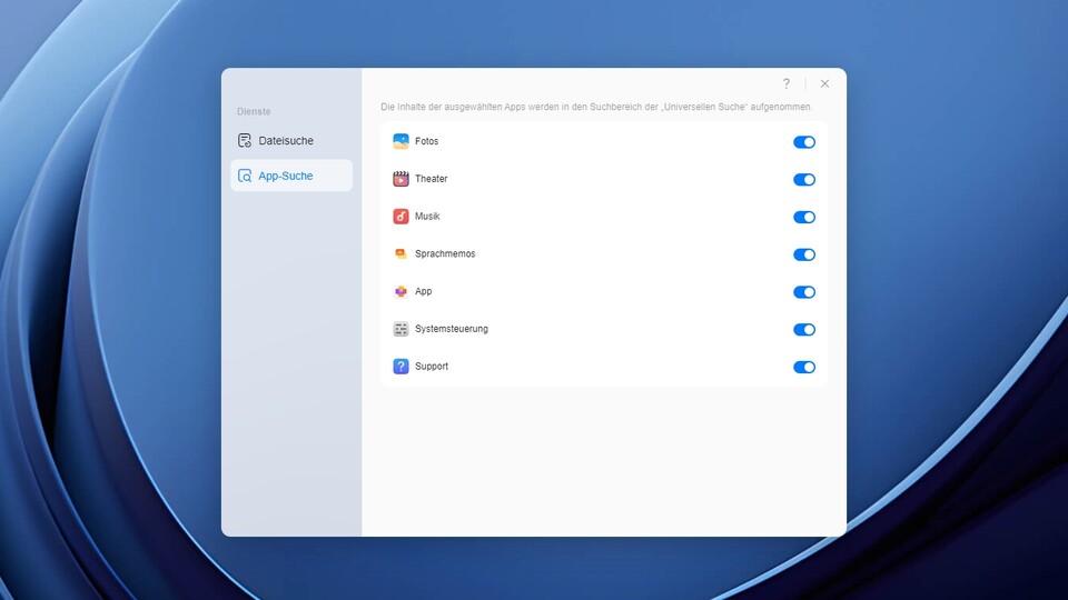 Die universelle Suche kann auch Inhalte aus verschiedenen Apps finden, also Bilder, Videos und so weiter.
