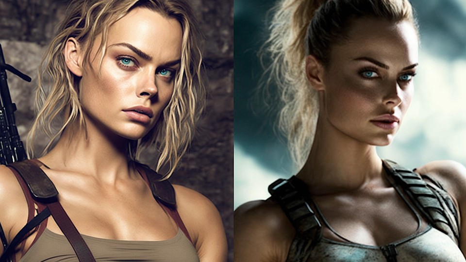 So stellt sich die KI Midjourney die Schauspielerin Margot Robbie als Lara Croft vor. Durchaus überzeugend!