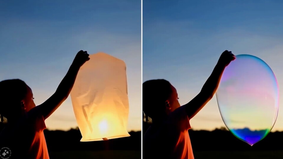 Ersetze die Laterne mit einer Seifenblase: Videogeneratoren können mit ein paar Tricks auch das Editieren von Videos durch Text lernen. (Quelle: Meta)