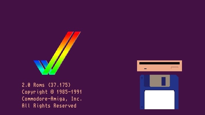 Das Kickstart 2.0 mit einer etwas farbenfroheren und animierten Forderung, eine Diskette einzulegen.