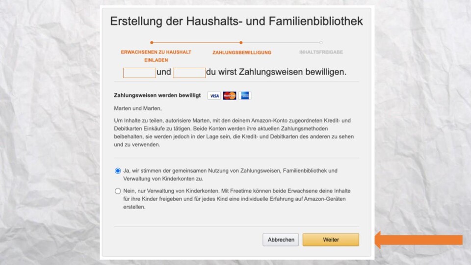 Nach dem Login müssen beide erwachsenen User den Zahlungsweisen zustimmen, damit Käufe rechtskräftig sind, auch wenn andere User Buchtitel kaufen.