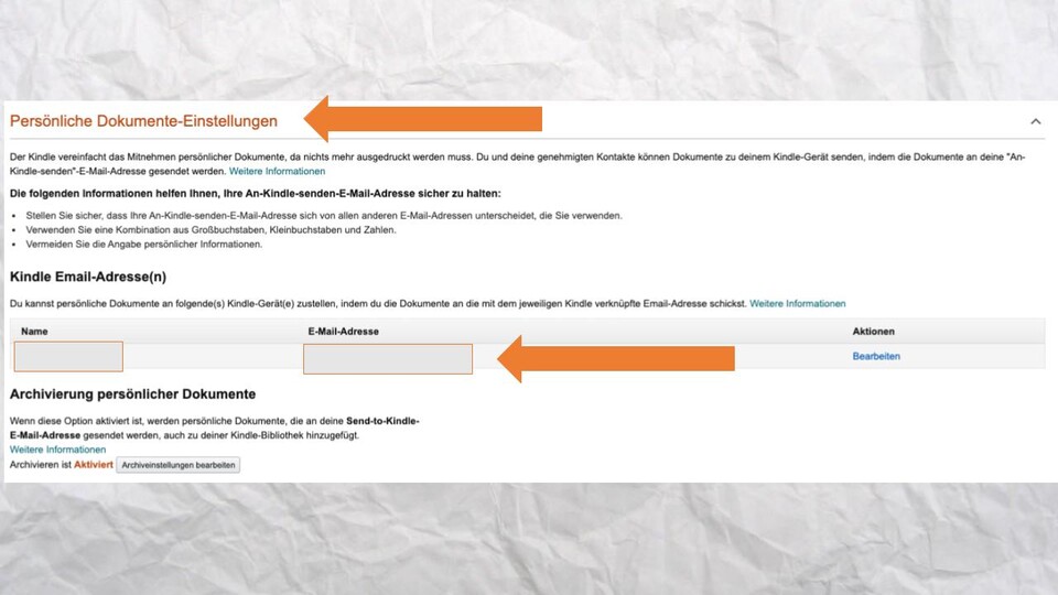 Über eure »Persönliche Dokumente« könnt ihr eure eigene Kindle-Mailadresse einsehen und euch Dokumente einfach zuschicken.