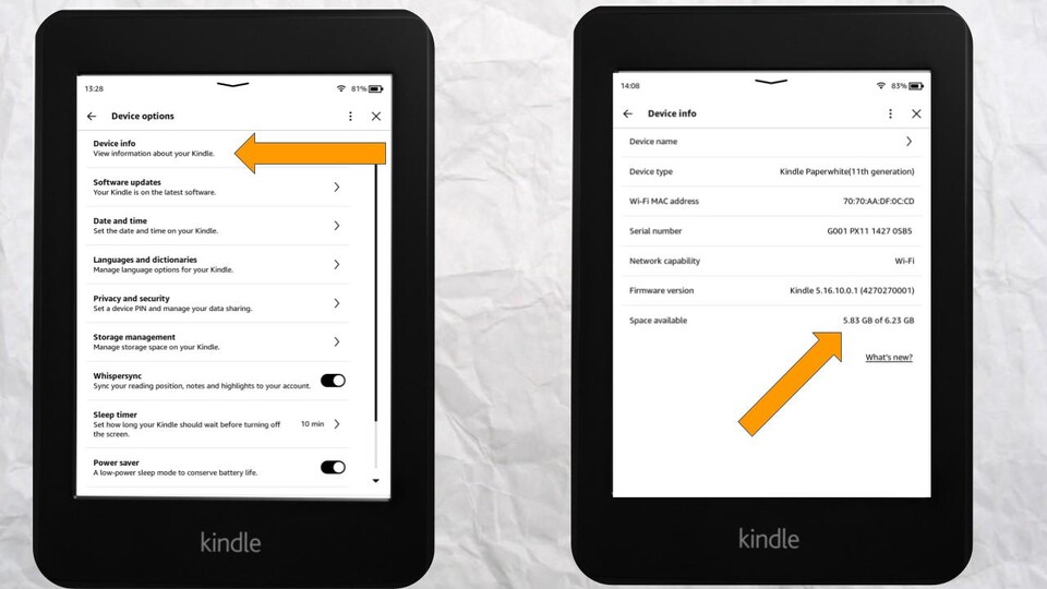 Über die Geräteinformationen eures Kindles kommt ihr auch auf die Übersicht, wie viel Speicher ihr noch zur Verfügung habt.
