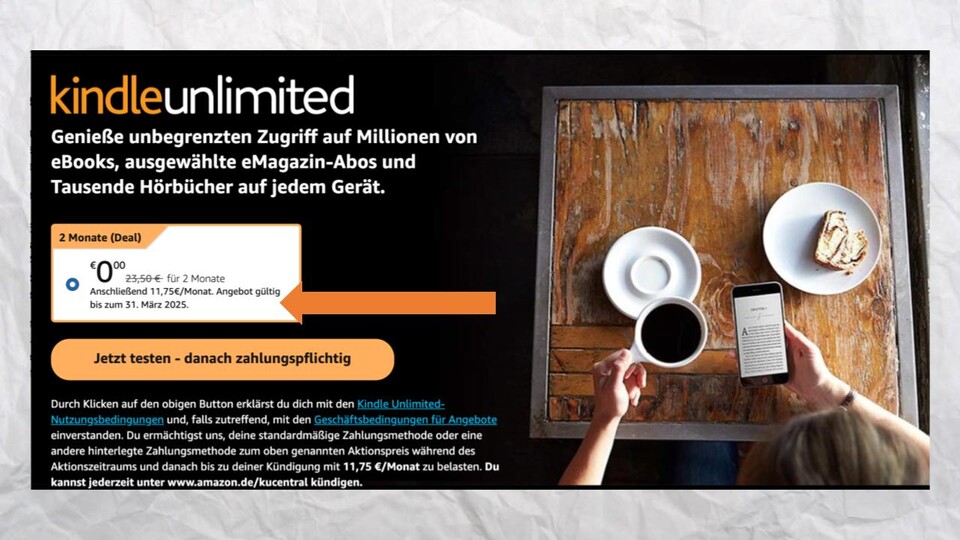 Die Preisübersicht von Kindle Unlimited zeigt: Das Abo kostet bis zu 11,75 Euro pro Monat.
