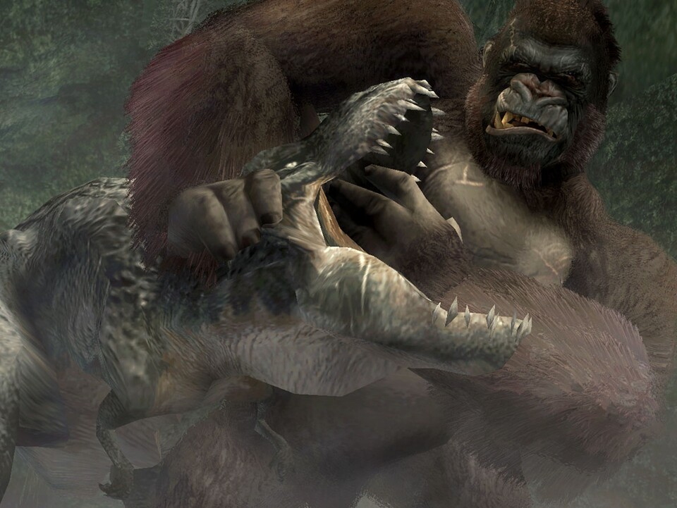 Der Affe ist los! King Kong nimmt nimmt es im Nahkampf mit einem Tyrannosaurus auf.