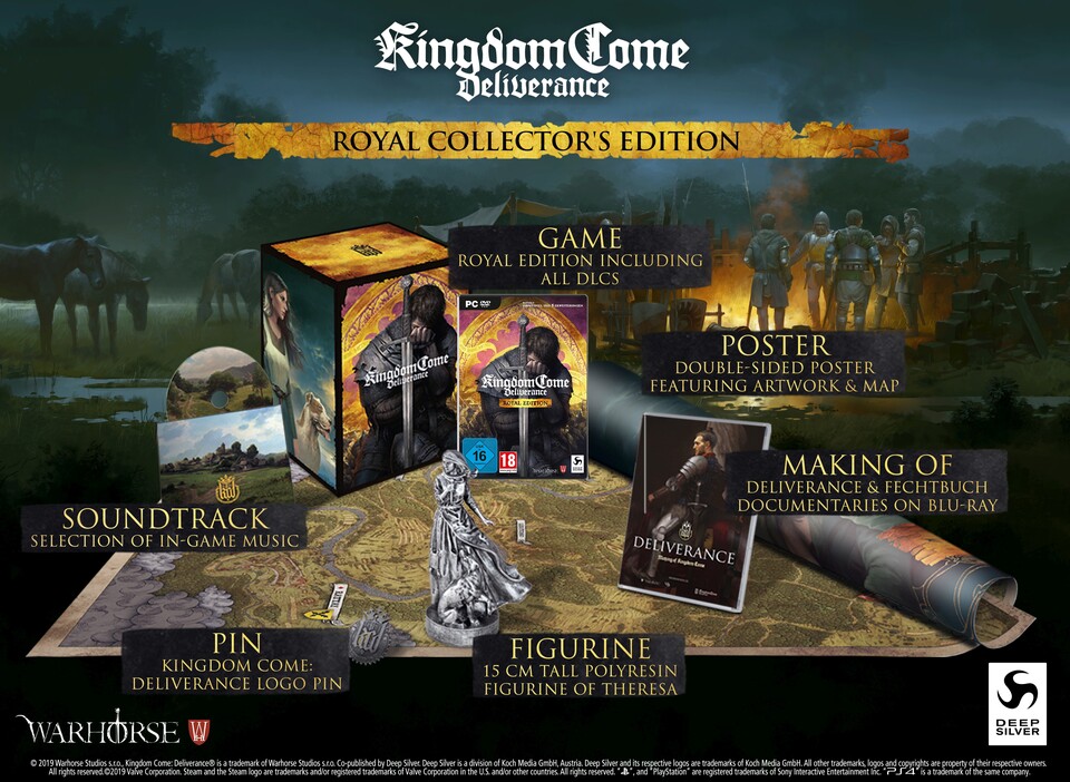 Die Inhalte der Royal Collectors Edition zu Kingdom Come: Deliverance. Das knapp 60 Euro teure Komplettpaket erscheint am 25. Juni 2019.